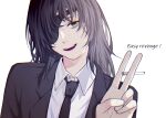  1girl alternate_hairstyle black_hair black_jacket black_necktie blue_eyes chainsaw_man cigarette collared_shirt commentary english_text eyepatch fingernails hand_up head_tilt highres himeno_(chainsaw_man) holding holding_cigarette jacket long_hair looking_at_viewer necktie official_alternate_hairstyle open_mouth rushi_17 shirt simple_background smile solo teeth upper_body upper_teeth_only white_background white_shirt wing_collar 
