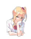  1girl blonde_hair bow bowtie chibana_sumika collared_shirt commentary_request dress_shirt hair_bow hand_on_own_cheek hand_on_own_face highres long_hair looking_at_viewer miman one_side_up purple_bow red_bow red_bowtie school_uniform shirt short_sleeves sidelocks smile solo upper_body watashi_no_yuri_wa_oshigoto_desu! wavy_sidelocks white_background white_shirt yellow_eyes 