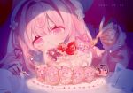  3girls @_@ balloon cake commentary_request dated food food-themed_hair_ornament fork frilled_sleeves frills hair_intakes hair_ornament hair_ribbon hand_on_table happy_birthday hat highres holding holding_fork indie_utaite indie_virtual_youtuber light_blush long_hair long_sleeves looking_at_object low_twintails minami_komari mini_person momone_chinoi multiple_girls narutomaki_hair_ornament nekonabe_(na_be123) on_food pink_eyes pink_hair pink_ribbon pink_shirt portrait ribbon shirt solo_focus strawberry_cake stuffed_animal stuffed_toy table twintails utaite virtual_youtuber white_hat 