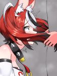  1girl 1other absurdres animal_ear_fluff animal_ears bare_shoulders black_hair black_streaks blush bright_pupils cheese choker collar constricted_pupils emphasis_lines food from_side grabbing_another's_hair grabbing_another's_twintails hakos_baelz hakos_baelz_(1st_costume) highres holding_another's_hair hololive hololive_english implied_fellatio key mouse_ears multicolored_hair nobarts red_hair shirt spiked_choker spiked_collar spikes steam streaked_hair sweat twintails uneven_twintails virtual_youtuber white_hair white_shirt 
