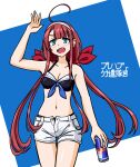  1girl ahoge alternate_costume bikini black_bikini blue_eyes breasts can circle_logo cleavage commentary drink_can energy_drink fang front-tie_bikini_top front-tie_top hairband highres kantai_collection kawakaze_(kancolle) low_twintails medium_breasts navel red_bull red_hair samusara shorts smile solo swimsuit thigh_gap twintails untranslatable_commentary waving white_hairband white_shorts 