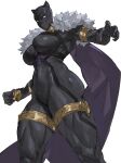  1girl absurdres black_bodysuit black_panther_(series) black_panther_(shuri) bodysuit breasts cape cat_mask clawed_gloves commentary fur-trimmed_cape fur_trim gold_thighlet highres huge_breasts jewelry marvel marvel_tokon:_fighting_souls mask muscular muscular_female purple_cape solo superhero_costume taiyang_yu thick_thighs thighlet thighs 