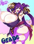  1girl agawa_ryou areolae armpits arms_up borrowed_character breasts breasts_outside character_name erect_nipples gigantic_breasts hips nipple_slip nipples open_mouth purple_hair red_eyes shiny shiny_skin smile solo teeth thick_thighs thighs tongue wardrobe_malfunction wide_hips 
