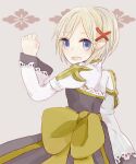  1girl arch_bishop_(ragnarok_online) black_dress blonde_hair blue_eyes bow commentary_request cowboy_shot dormir_(challco) dress grey_background hair_ornament long_sleeves looking_at_viewer looking_back open_mouth pointy_ears ragnarok_online sash short_hair smile solo two-tone_dress waist_bow white_dress x_hair_ornament yellow_bow yellow_sash 
