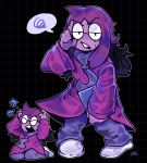  1other absurdres adjusting_eyewear annoyed black_background book buck_teeth chibi chibi_inset colored_skin commentary deltarune dress glasses graysheartart grid_background hand_on_eyewear highres holding holding_book long_hair looking_at_viewer multiple_views necktie purple_hair purple_necktie purple_skin round_eyewear seth_(deltarune) simple_background solo speech_bubble spoken_squiggle squiggle sweatdrop teeth unamused utdr_(toby_fox) v-shaped_eyebrows 