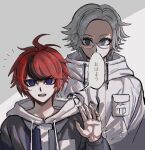  2boys ahoge aotsuki_eito black_gloves black_jacket black_streaks blue_eyes breast_pocket commentary covered_mouth eyelashes glasses gloves grey_background grey_hair grey_jacket hand_up highres hood hoodie jacket jacket_over_hoodie looking_at_viewer male_focus mau_(maizokin_mau) multicolored_hair multicolored_jacket multiple_boys pocket red_hair short_hair simple_background smile speech_bubble streaked_hair sumino_takumi the_hundred_line_-last_defense_academy- twitter_username two-tone_background two-tone_hair two-tone_jacket waving white_background white_hoodie white_jacket 