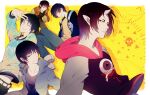  2boys arm_up black_hair border censored_profanity closed_mouth clothes_writing collarbone eyeliner facial_mark forehead_mark hakutaku_(hoozuki_no_reitetsu) hood hood_down hoozuki_(hoozuki_no_reitetsu) hoozuki_no_reitetsu horns looking_at_viewer makeup multiple_boys multiple_views natsushio_(x2i2a) red_eyeliner shirt short_hair skin-covered_horns white_border yellow_background yellow_shirt 