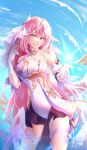  1girl archionturkey bare_shoulders black_shorts blue_sky breasts commentary corset diamond-shaped_pupils diamond_(shape) elysia_(herrscher_of_human:_ego)_(honkai_impact) elysia_(honkai_impact) hair_ornament highres honkai_(series) honkai_impact_3rd large_breasts long_hair looking_at_viewer multicolored_hair pink_hair purple_eyes short_shorts shorts sky smile solo symbol-shaped_pupils thighs triquetra two-tone_hair very_long_hair white_corset white_hair 