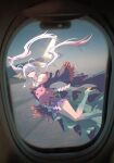  1girl absurdres airplane_interior airplane_wing blue_eyes breasts cho_kaguya-hime! cleavage colored_extremities colored_inner_hair commentary flying hair_ornament hair_rings hair_stick highres innoarukugyou japanese_clothes kimono long_hair looking_at_viewer multicolored_hair off_shoulder open_mouth pink_hair purple_kimono runami_yachiyo runami_yachiyo_(tsukuyomi) shide smile solo untranslatable_commentary very_long_hair white_hair 