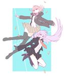  black_gloves black_legwear boots danganronpa danganronpa_1 gloves hood hoodie jacket karuha kirigiri_kyouko knee_boots multiple_girls nanami_chiaki necktie pink_eyes pink_hair pleated_skirt purple_eyes purple_hair skirt super_danganronpa_2 thighhighs 