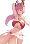  1girl absurdres arm_behind_head arm_up armpits backlighting bare_arms bare_legs bare_shoulders bikini blue_archive bracelet breasts commentary feet_out_of_frame halo highres horns hoshinoan huge_breasts jewelry long_hair looking_at_viewer navel pink_hair red_bikini red_halo red_horns satsuki_(blue_archive) satsuki_(swimsuit)_(blue_archive) simple_background solo stomach swimsuit tongue tongue_out white_background 