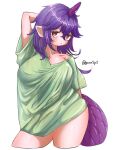  1girl alternate_breast_size_(larger) blush breasts cleavage closed_mouth commentary_request green_shirt hair_between_eyes highres horns huge_breasts lizard_tail long_hair looking_at_viewer naked_shirt pointy_ears purple_hair purple_horns purple_tail red_eyes scales shirt short_sleeves simple_background single_horn solo tail tenkajin_chiyari touhou twitter_username white_background yuzu5p4 