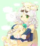  1girl alchemist_(ragnarok_online) amistr_(ragnarok_online) blue_gloves brown_cape cape commentary_request dormir_(challco) elbow_gloves fur_collar gloves green_background green_eyes grey_hair hug looking_at_viewer medium_hair open_mouth ragnarok_online sheep smile solo upper_body 