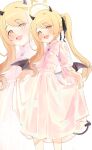  1girl absurdres blonde_hair blue_archive blush clothes_lift commentary demon_girl demon_horns demon_tail demon_wings dress dress_lift english_commentary feet_out_of_frame halo highres horns ibuki_(blue_archive) lifting_own_clothes long_hair looking_at_viewer open_mouth pink_dress simple_background smile tail white_background wings yellow_eyes yellow_halo yuyupi167177 