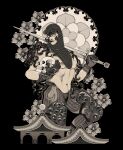  1boy armor black_hair black_lips chainmail curly_hair eyeshadow flower girly_boy gloves greek_painting_style highres holding holding_sword holding_weapon hood iliothermia large_pectorals laurel_tattoo lips long_hair makeup male_focus mastectomy_scar muscular muscular_male navel nipples original pants pectorals scar scar_on_chest skull sword topless_male weapon 