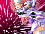  1girl 2000s_(style) :o armor blush breasts cleavage en_ciel_rena game_asset gloves holding holding_sword holding_weapon kourin_tenshi_en_ciel_rena large_breasts long_hair magical_girl non-web_source official_art open_mouth panties pantyshot pink_hair saitou_natsuki self-datamine skirt solo sword thighhighs tomoe_rena underwear variant_set visual_novel_cg weapon white_panties yellow_eyes 