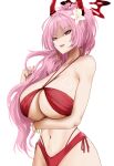  1girl 27-nichi arm_under_breasts armpit_crease bare_shoulders bikini black_horns blue_archive blush bracelet breasts cleavage collarbone commentary_request flower hair_flower hair_ornament halo horns huge_breasts jewelry long_hair mole mole_on_breast multicolored_horns navel open_mouth partial_commentary pink_eyes pink_hair pink_lips red_bikini red_halo red_horns satsuki_(blue_archive) satsuki_(swimsuit)_(blue_archive) shaded_face simple_background smile solo stomach swimsuit teeth thighs two-tone_horns white_background white_flower 
