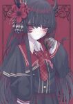  1girl armband black_capelet black_hair black_horns black_nails black_shirt black_skirt capelet closed_mouth collared_shirt commentary_request cracked_skin crown extra_eyes extra_horns fingerless_gloves fingernails flower gloves hair_flower hair_ornament highres horns layered_skirt long_hair long_sleeves looking_at_viewer mahou_shoujo_no_majo_saiban mini_crown necktie nikaido_hiro overskirt plaid_clothes plaid_necktie plaid_skirt pleated_skirt red_armband red_eyes red_flower red_necktie red_skirt sharp_fingernails shirt side_capelet single_sleeve_past_fingers skirt snake_hair_ornament solo spoilers tkugane upper_body white_gloves white_shirt witch_(manosaba) 