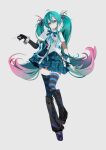  1girl absurdres aqua_eyes aqua_hair aqua_skirt black_gloves black_thighhighs blue_thighhighs bracelet commentary_request elbow_gloves fashion fingerless_gloves full_body gloves gothic_punk gradient_hair grey_background hatsune_miku highres jewelry looking_at_viewer multicolored_hair multicolored_thighhighs pink_hair plaid_clothes plaid_skirt shen_jiu simple_background skirt solo spiked_bracelet spikes striped_clothes striped_thighhighs thighhighs two-tone_hair two-tone_thighhighs vocaloid yabi_fashion 