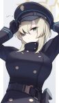 ... 1girl aimo_wotku arms_up belt black_belt black_gloves black_jacket blonde_hair blue_archive breasts buttons closed_mouth commentary_request double-breasted expressionless eyepatch from_below gloves green_eyes grey_background halo hands_on_headphones hat headphones jacket large_breasts long_bangs long_sleeves looking_at_viewer medium_hair military_hat military_uniform one_eye_covered peaked_cap sidelocks simple_background solo suou_(blue_archive) upper_body yellow_halo 