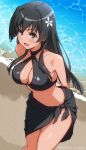  1girl :d arms_behind_back bare_shoulders beach bikini black_bikini black_hair black_sarong blue_eyes breasts cleavage commentary_request criss-cross_halter day flower hair_flower hair_ornament halterneck infinite_moppy large_breasts long_hair looking_at_viewer navel ocean open_mouth outdoors partial_commentary sand sarong saten_ruiko smile solo swimsuit toaru_kagaku_no_railgun toaru_majutsu_no_index very_long_hair water 