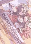  1girl absurdres bare_shoulders black_collar black_sleeves blue_eyes bonnet breasts brown_hair cat cleavage closed_eyes closed_mouth collar commentary_request detached_sleeves dress from_above genshin_impact gloves hair_ornament headdress highres instrument long_hair long_sidelocks long_sleeves piano playing_instrument playing_piano ruogong_qingyue sandrone_(genshin_impact) short_hair_with_long_locks sidelocks sitting solo stool white_dress white_gloves white_headdress winding_key 