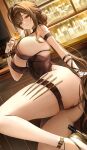  1girl arm_strap bare_shoulders black_dress blush breasts brown_hair commentary_request cup dress dsr-50_(girls'_frontline) earrings girls'_frontline girls'_frontline_2:_exilium highres holding holding_cup jewelry knife large_breasts long_hair looking_at_viewer loreley_(girls'_frontline_2) o_cha_(seyc3447) parted_lips red_eyes sideboob smile thigh_strap thighs very_long_hair 