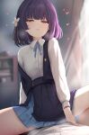  1boy 1girl absurdres black_overskirt black_vest blue_ribbon blue_skirt blush commentary_request dress_shirt flower gakuen_idolmaster hair_flower hair_ornament hataya_misuzu hatsuboshi_gakuen_school_uniform hetero highres idolmaster indoors light_smile long_sleeves mole mole_under_mouth neck_ribbon open_clothes open_vest pleated_skirt pov producer_(idolmaster) purple_hair ribbon school_uniform shirt shirt_tucked_in short_hair sitting sitting_on_person skirt sky_cappuccino spread_legs steam sweat vest white_background 