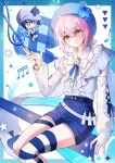  2girls absurdres adapted_costume amulet_spade bare_shoulders belt belt_buckle beret blue_belt blue_border blue_cape blue_eyes blue_hair blue_hat blue_ribbon blue_shirt blue_shorts blue_theme blue_thighhighs boots border bow bowtie buckle buttons cape center_frills chibi closed_mouth collared_shirt commentary_request conductor_baton cross-laced_clothes cross-laced_sleeves denim denim_shorts detached_sleeves dot_nose eyelashes feet_out_of_frame fingerless_gloves fingernails frilled_cape frills gloves gold_buckle grey_belt guardian_chara hair_between_eyes happy hat hat_ornament high-waist_shorts highres hinamori_amu holding_baton humpty_lock_(shugo_chara!) light_blush long_sleeves looking_at_viewer loose_hair_strand magical_girl miki_(shugo_chara!) multicolored_thighhighs multiple_girls musical_note open_mouth outside_border paint_tube papu_(papu1006) pink_hair puffy_long_sleeves puffy_sleeves ribbon shirt short_hair short_hair_with_long_locks shorts shugo_chara! sidelocks single_thighhigh sitting sleeve_ribbon sleeveless sleeveless_shirt smile spade_(shape) spade_hat_ornament star_(symbol) striped_clothes striped_thighhighs studded_belt studs thigh_belt thigh_strap thighhighs two-tone_thighhighs white_background white_boots white_bow white_bowtie white_gloves white_sleeves white_thighhighs yellow_eyes 