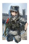  1girl absurdres ammunition_pouch anti-aircraft_missile armband black_hair blue_eyes border camouflage camouflage_hat camouflage_jacket camouflage_pants chest_rig combat_helmet cowboy_shot field_cap gloves goggles goggles_on_headwear hat helmet highres jacket looking_at_viewer open_mouth original pants people's_liberation_army people's_liberation_army_air_force pouch red_armband short_hair solo standing tuziki_sang walkie-talkie watch whistle white_border white_gloves wristwatch 
