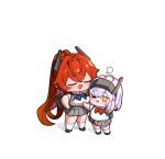  >_o 2girls ahoge alternate_costume antenna_hair arm_up backpack bag black_shoes blue_bow blush bow bowtie chibi closed_mouth commentary_request fang goddess_of_victory:_nikke grey_skirt hand_on_another's_chest head-mounted_display headpat height_difference high_ponytail highres horns kneehighs korean_commentary long_hair mechanical_horns midriff multiple_girls one_eye_closed open_mouth outstretched_arm pleated_skirt ponytail radio_antenna red_bow red_hair red_hood_(nikke) school_bag school_uniform shirt shoes short_hair short_sleeves sigh simple_background skin_fang skirt snow_white_(innocent_days)_(nikke) snow_white_(nikke) socks uz_(uzru0428) very_long_hair white_background white_hair white_shirt yellow_eyes 