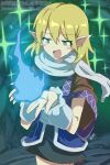  1girl :d arm_warmers black_skirt blonde_hair blush_stickers brown_jacket commentary_request green_eyes gurina_15 highres hitodama jacket medium_hair mizuhashi_parsee open_mouth pointy_ears skirt smile smirk solo sparkle touhou 