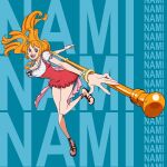  1girl :d absurdres back_bow bangle bare_legs blue_background bow bracelet breasts brown_eyes character_name cleavage clima-tact collarbone dress dynamic_pose earrings english_commentary feet floating_hair full_body german_clothes gold_bangle highres holding holding_staff jewelry large_breasts legs log_pose long_hair looking_at_viewer nami_(one_piece) narrow_waist official_alternate_costume official_alternate_hairstyle one_piece open_mouth orange_hair outstretched_arms peacuch pearl_earrings pink_bow red_dress red_skirt sandals shirt short_dress short_sleeves shoulder_tattoo sidelocks skirt smile solo staff tattoo toes twintails wavy_hair white_shirt 