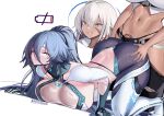  2girls absurdres all_fours ass azur_lane battery_indicator black_pants blue_hair bodysuit boots breasts cleavage cock_ring commentary commission dark-skinned_female dark_skin english_commentary erotanuki futa_with_female futanari hair_between_eyes highres impossible_bodysuit impossible_clothes indiana_(azur_lane) kansas_(azur_lane) large_breasts large_variant_set long_hair long_hair_between_eyes multiple_girls pants penis penis_peek scar scar_on_face see-through_bodysuit see-through_clothes sex_toy simple_background torn_clothes torn_pants variant_set very_long_hair white_background white_boots white_hair 