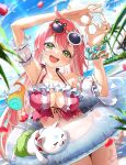  1girl 35p_(sakura_miko) :d ahoge armpits arms_up bikini blue_sky breasts cat-shaped_eyewear cleavage cloud commentary_request cumulonimbus_cloud day detached_sleeves eyewear_on_head falling_petals frilled_bikini frills green_eyes hair_ornament hairclip halterneck highres hololive kito_koruta large_breasts long_hair looking_at_viewer open_mouth outdoors petals pink_bikini pink_hair puffy_detached_sleeves puffy_sleeves sakura_miko scrunchie sky smile solo sunglasses swim_ring swimsuit teeth upper_teeth_only virtual_youtuber white_sleeves wrist_scrunchie 