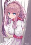  1girl absurdres blue_eyes breast_pocket breasts brown_hair commentary_request door hair_ornament highres hizaka kantai_collection large_breasts looking_at_viewer pocket saratoga_(kancolle) scarf smile solo 