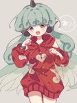  1girl :3 :d adapted_costume bare_shoulders clothing_cutout commentary_request cowboy_shot curly_hair green_eyes green_hair grey_background happy highres hood hoodie horns komano_aunn long_hair long_sleeves looking_at_viewer open_mouth roamu_65 shoulder_cutout simple_background single_horn smile solo touhou very_long_hair 