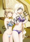  2girls :o adjusting_another's_clothes adjusting_bra adjusting_clothes anime_coloring artist_request behind_another blindfold blonde_hair blush bra braid braided_ponytail breasts brown_hair cleavage collarbone covered_eyes cowboy_shot facing_ahead from_side goblin_slayer! groin guild_girl_(goblin_slayer!) hair_between_eyes hair_over_shoulder hands_up highres indoors large_breasts lifting_another's_clothes light_blush long_hair long_hair_between_eyes long_sidelocks looking_at_viewer looking_to_the_side lowleg lowleg_panties medium_hair merchandise_available multiple_girls navel official_alternate_costume official_art open_mouth panties purple_bra purple_panties sample_watermark second-party_source sideboob sidelocks single_braid standing strap_lift sweatdrop sword_maiden underwear underwear_only very_long_hair watermark white_bra white_panties yellow_eyes 