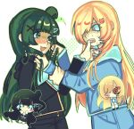  2girls agentgrapesie akiha_school_uniform bang_dream! bang_dream!_yumemita blonde_hair commentary constricted_pupils crying english_commentary evil_smile eye_contact face-to-face finger_to_another's_mouth green_hair hair_bun hair_ornament hairclip highres holding_another's_hair long_hair long_sleeves looking_at_another mole mole_under_mouth multiple_girls nakamachi_arale nervous_sweating one_side_up open_mouth scared school_uniform simple_background single_side_bun skirt smile sweat tears upper_body viola_(bang_dream!) white_background wide-eyed x_hair_ornament yuri 