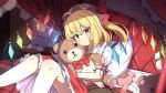  1girl bed blonde_hair blush bow closed_mouth collared_shirt commentary_request crystal crystal_wings flandre_scarlet frilled_shirt_collar frilled_skirt frills hat hat_bow highres hugging_doll hugging_object looking_at_viewer mob_cap multicolored_wings on_bed one_side_up pokedialga red_bow red_eyes red_skirt red_vest shirt skirt skirt_set sleeve_bow smile solo stuffed_animal stuffed_toy stuffing teddy_bear touhou vest white_hat white_shirt wings 