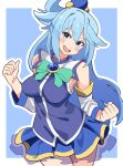  1girl :d absurdres aqua_(konosuba) bare_shoulders blue_background blue_eyes blue_hair blue_shirt blue_skirt blush_stickers bow bowtie breasts brooch clenched_hands commentary cowboy_shot detached_sleeves green_bow green_bowtie hair_between_eyes hair_ornament hair_rings highres jewelry kono_subarashii_sekai_ni_shukufuku_wo! long_hair long_sleeves looking_at_viewer medium_breasts miniskirt noyama_takenoko open_mouth outline pleated_skirt shirt simple_background single_hair_ring skirt smile solo sphere_hair_ornament white_outline 