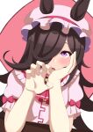  1girl absurdres animal_ears ascot blush brown_hair claw_pose commentary_request cosplay dress ears_through_headwear embodiment_of_scarlet_devil fangs flipped_hair hair_over_one_eye hand_on_own_cheek hand_on_own_face hat highres horse_ears horse_girl katsushika_yuki long_hair looking_at_viewer mob_cap open_mouth pink_shirt purple_eyes red_ascot remilia_scarlet remilia_scarlet_(cosplay) ribbon rice_shower_(umamusume) shirt short_sleeves solo touhou umamusume 