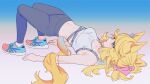  1girl animal_ears black_pants blonde_hair blue_background blue_shorts clothes_writing commentary exercising full_body gold_city_(umamusume) gradient_background grey_background head_tilt highres horse_ears horse_girl knees_up long_hair navel open_mouth pants red_shoes sarcophage shoes shorts sneakers solo sports_bra stomach umamusume white_sports_bra 