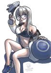  1girl ahoge animal_ears ball beachball bikini black_bikini blue_eyes cat_ears commentary_request crocs dated feet_out_of_frame glasses grey_hair hat heywood_l._edwards_(kancolle) heywood_l._edwards_(swimsuit)_(kancolle) highres holding holding_ball holding_beachball jacket kantai_collection long_hair multicolored_bikini naval_jacket one-hour_drawing_challenge peaked_cap ron_(pixiv83091338) signature simple_background sitting solo swimsuit twitter_username two-tone_bikini white_background white_hat white_jacket 