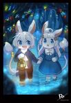  1boy 1girl :d :o animal_ears blue_dress blue_eyes blue_jacket bow bowtie brown_bow brown_bowtie buttons commentary_request double-parted_bangs dress english_commentary full_body furry furry_female furry_male hair_between_eyes holding holding_hands holding_lantern jacket lantern long_sleeves mixed-language_commentary oil_lamp open_mouth original po!_(popoemo) sailor_collar sailor_dress short_hair smile standing tail wading white_bow white_bowtie white_hair white_sailor_collar 