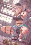  absurdres armpits arms_up baseball_cap bdsm bomb bondage bound breasts clenched_teeth commentary_request crop_top crotch_rope cuffs egg_vibrator explosive girls'_frontline grey_hair handcuffs hat highres leveen long_hair looking_down medium_breasts navel open_mouth purple_eyes pussy_juice sex_toy sharp_teeth shibari shibari_over_clothes shoes skindentation sl8_(girls'_frontline) sneakers spread_legs squatting stomach teeth vibrator 