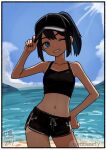  1girl adjusting_clothes adjusting_headwear baseball_cap black_hair black_hat black_shorts blue_eyes border commentary_request contrapposto crop_top day dolphin_shorts fuyudori_yukino grin hand_on_own_hip hat highres looking_at_viewer midriff navel one_eye_closed original outdoors ponytail shorts smile solo tan tanlines twitter_username white_border 
