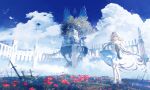  1girl absurdres architecture bare_shoulders bird blonde_hair blue_hair blue_sky cloud commentary english_commentary flower gauntlets highres landscape long_hair looking_back miracle_7y navel original red_flower scenery shoes skirt sky solo sword very_long_hair weapon white_shoes white_skirt 