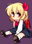  >:( 1girl ascot backpack bag black_skirt black_vest blonde_hair blush brown_shoes closed_mouth collared_shirt commentary_request dated double-parted_bangs frown full_body hair_between_eyes hair_ribbon holding_strap long_sleeves looking_at_viewer matatabi_(nigatsu) purple_background randoseru red_ascot red_eyes red_ribbon ribbon rumia shirt shoes short_hair simple_background sitting skirt skirt_set socks solo touhou v-shaped_eyebrows vest white_shirt white_socks 