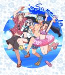  2boys 2girls ace_attorney aqua_hair bikini black_hair commentary_request franziska_von_karma grey_hair hair_slicked_back hamanoguriguri happy hawaiian_shirt highres maya_fey miles_edgeworth multiple_boys multiple_girls phoenix_wright shirt smile sunglasses swimsuit topless_male 